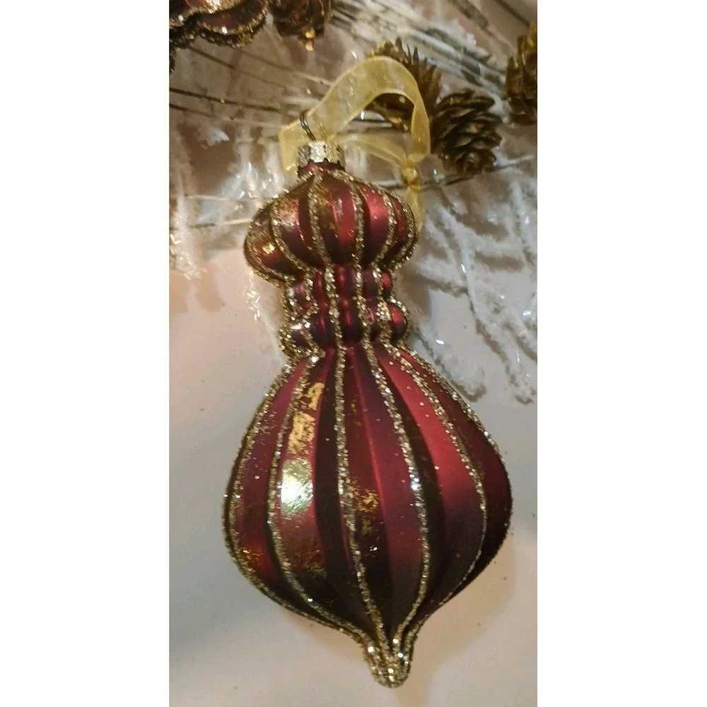 Pair Of Frontgate Striped‎ Glass Ornaments Glitter Maroon & Gold Finial Shape